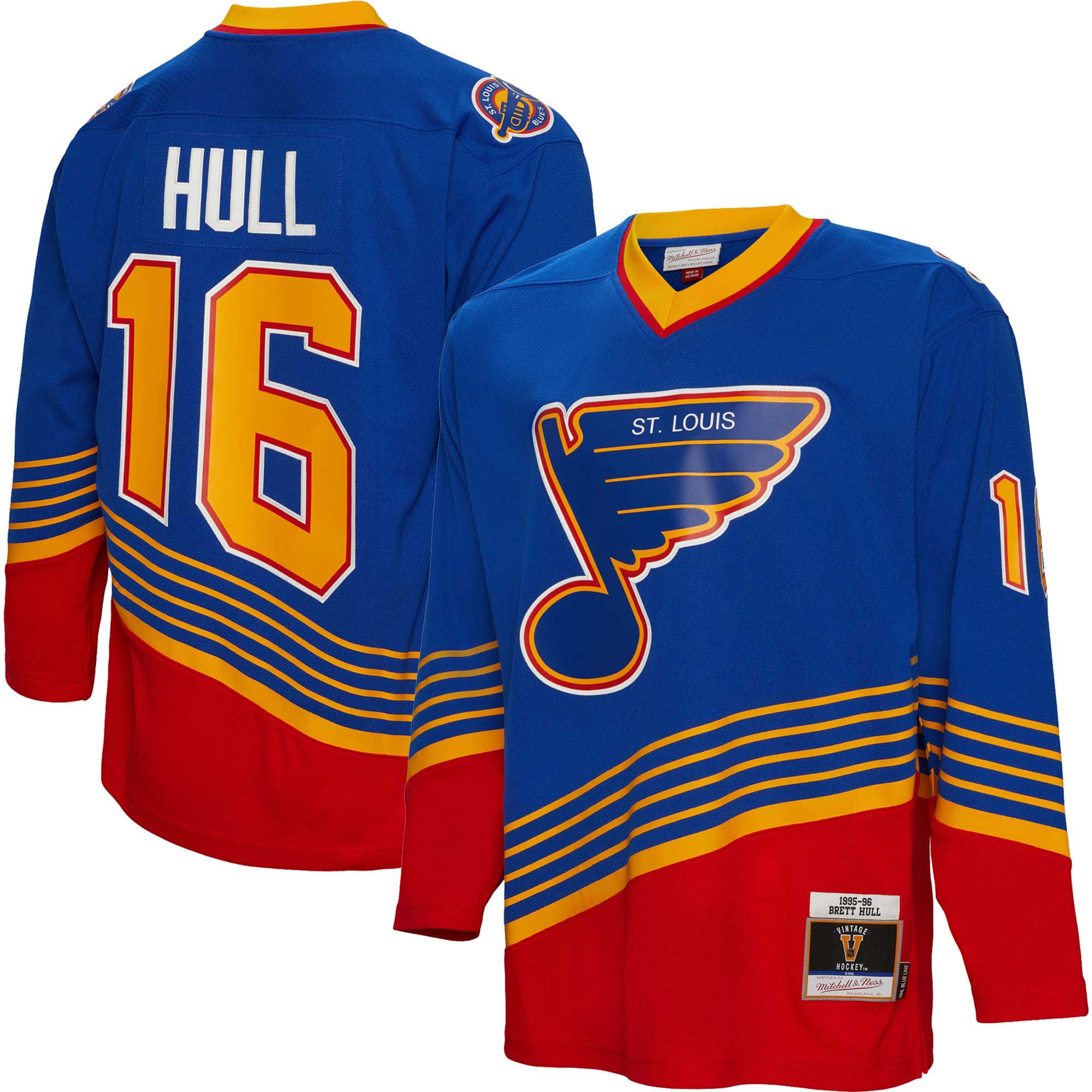 men8217s mitchell amp ness brett hull blue st. louis blues 199596 blue line player jersey – San Jose Sharks Jerseys and Headwear Collection