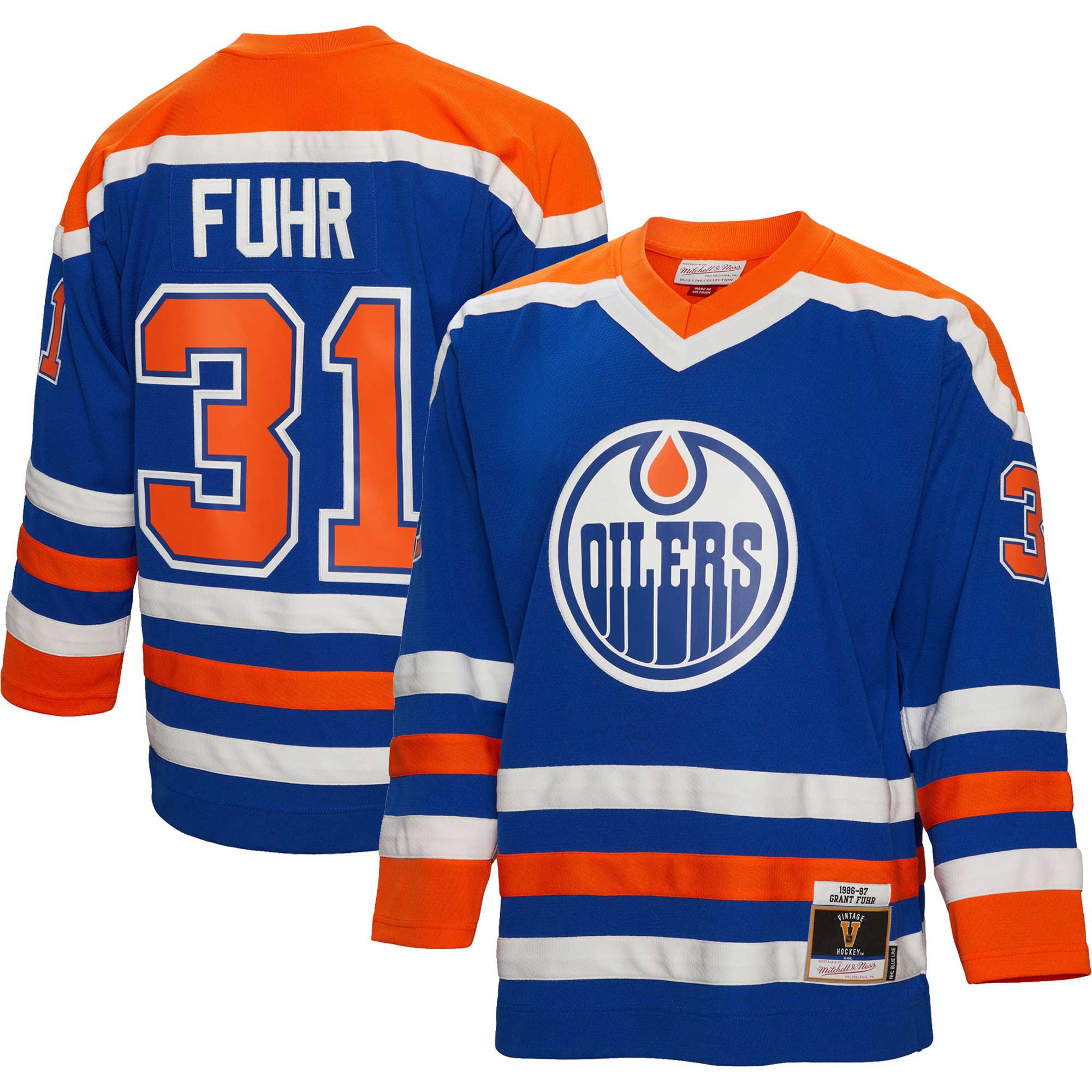 men8217s mitchell amp ness grant fuhr royal edmonton oilers 198687 blue line player jersey – San Jose Sharks Jerseys and Headwear Collection