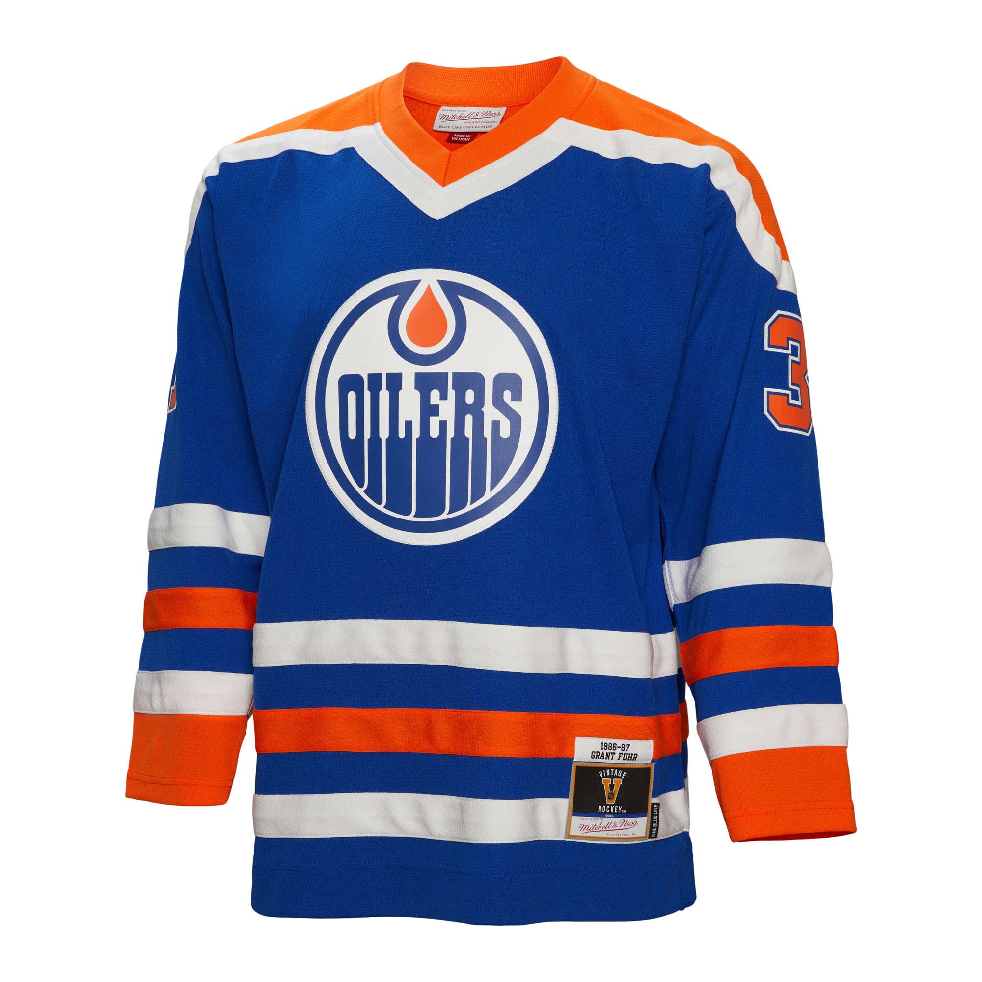 men8217s mitchell amp ness grant fuhr royal edmonton oilers 198687 blue line player jersey – San Jose Sharks Jerseys and Headwear Collection