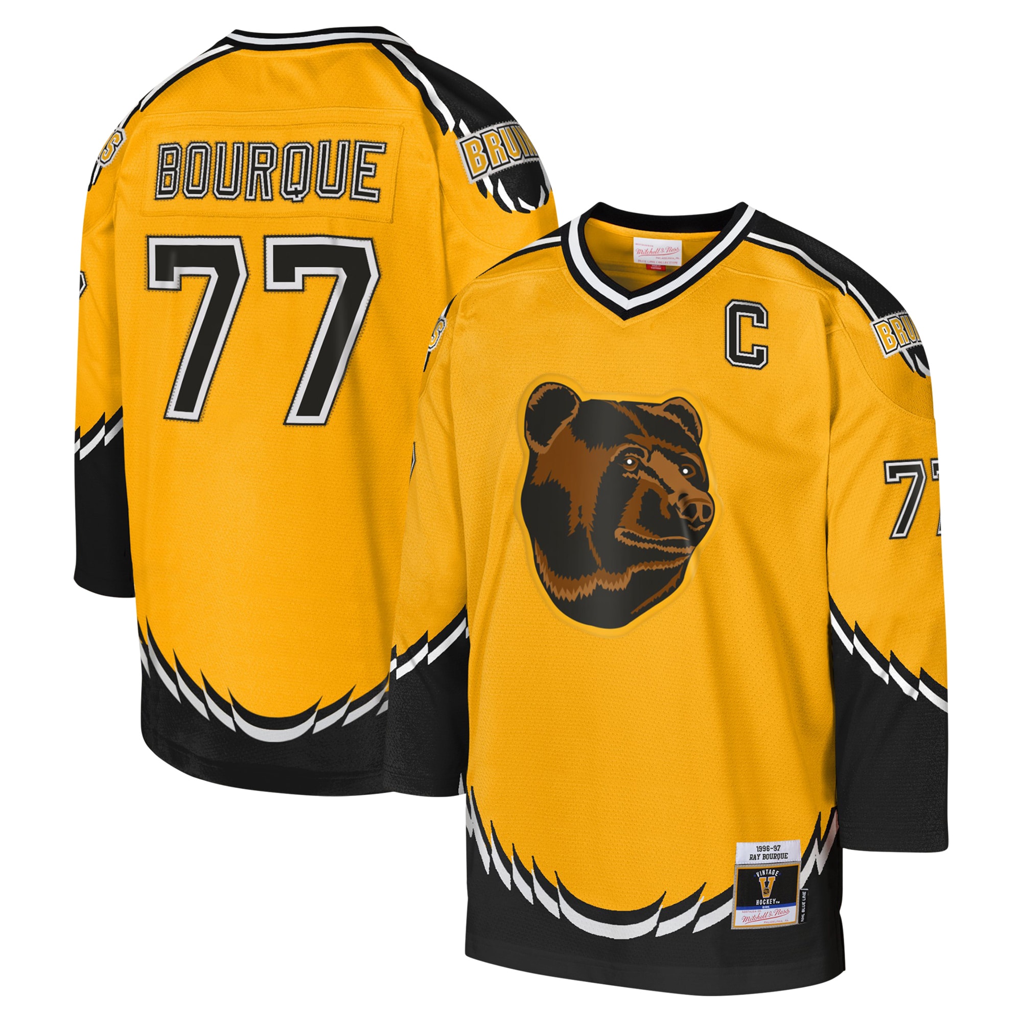 youth mitchell amp ness ray bourque gold boston bruins 1996-97 blue line captain patch player jersey – San Jose Sharks Jerseys and Headwear Collection
